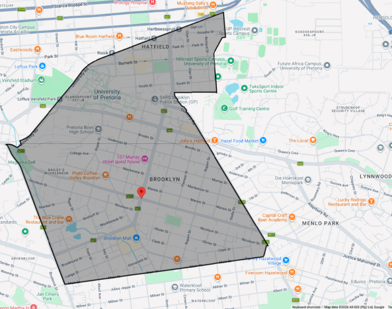 Map showing the municipal boundary of Ward 56 in Pretoria, including Hatfield, Brooklyn, University of Pretoria, and surrounding neighbourhoods.