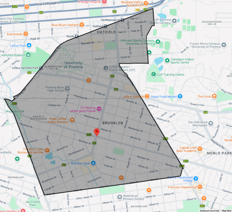 Map showing the municipal boundary of Ward 56 in Pretoria, including Hatfield, Brooklyn, University of Pretoria, and surrounding neighbourhoods.